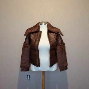 Blanco Brown Leather Jacket with Fur Collar and Sleeves M